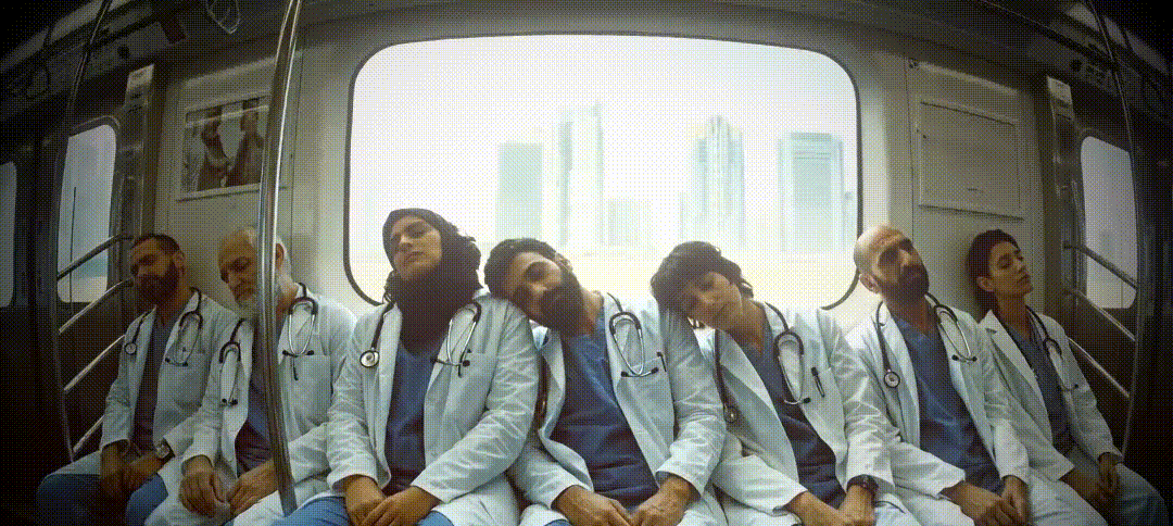 Doctors resting in metro — representing healthcare professionals